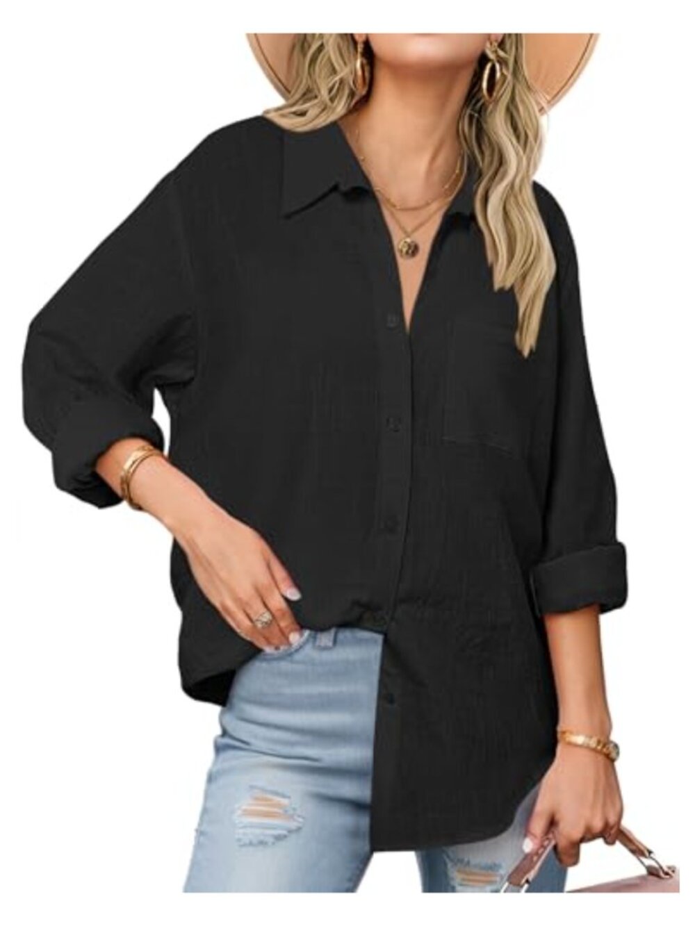 Cotton Button Down Shirt Long Sleeve Loose Fit Blouse
